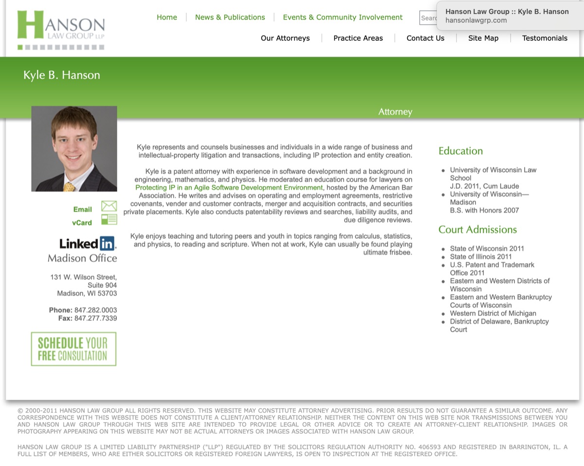 Kyle B. Hanson attorney profile - Madison Wisconsin office 131 W Wilson Street Suite 904