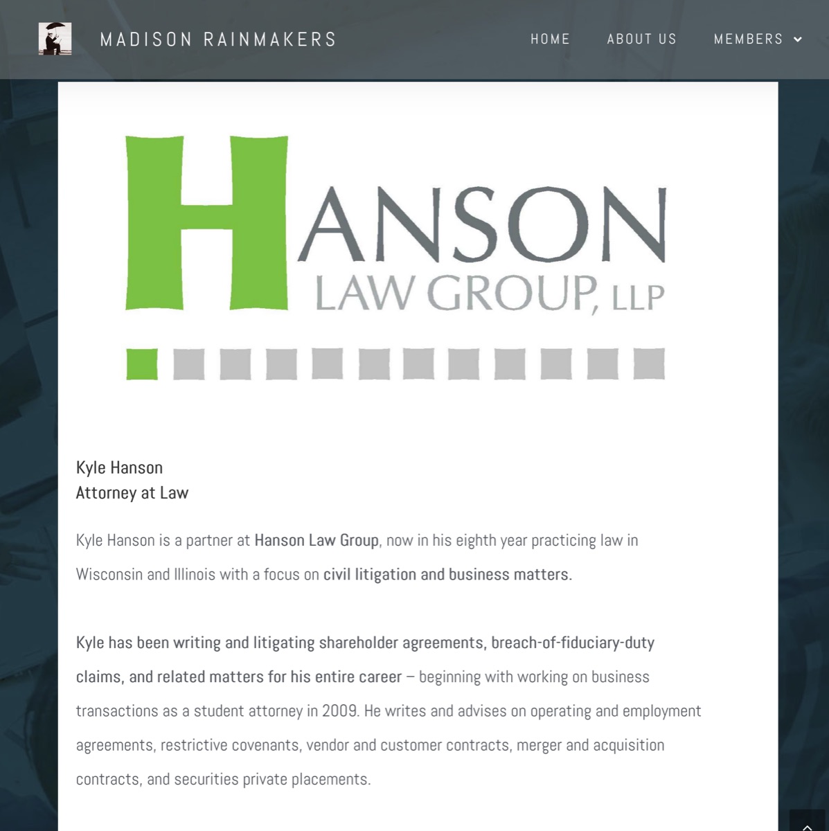 Kyle Hanson Madison Rainmakers attorney network public profile