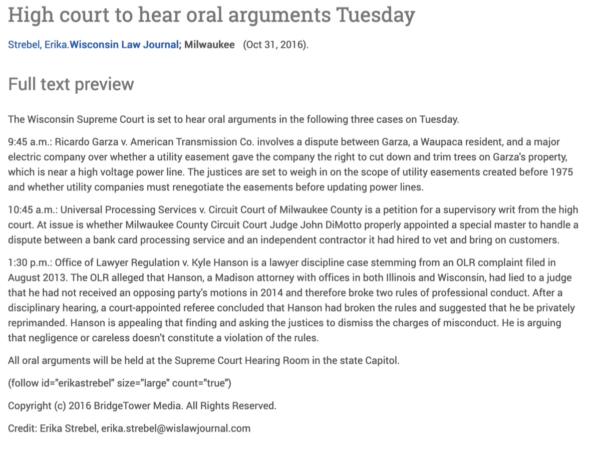 Wisconsin Law Journal Oct 31 2016: high court to hear Kyle Hanson OLR oral arguments